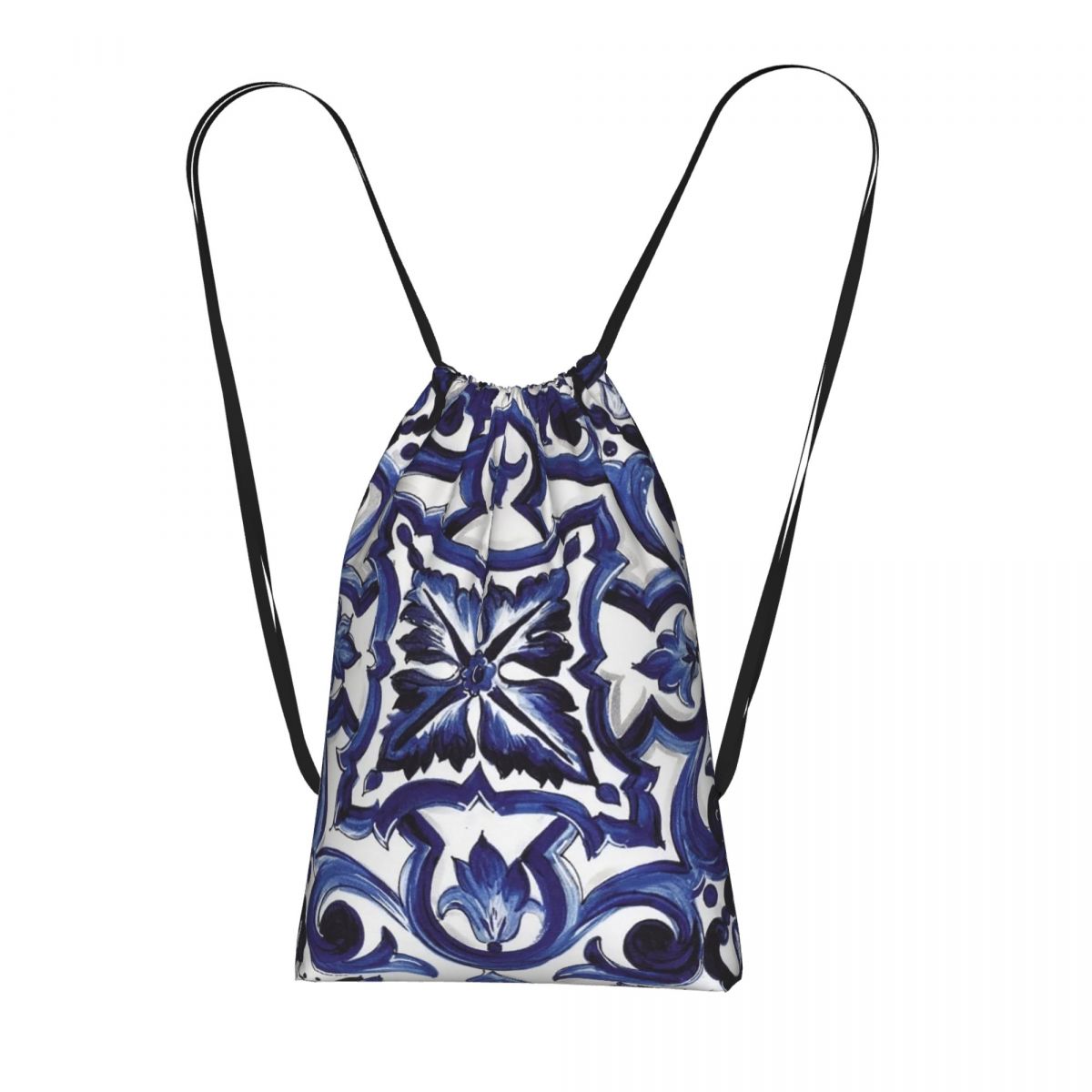 Tile Bag Drawstring - Blue Ornate Floral Mediterranean Sicilian Tile