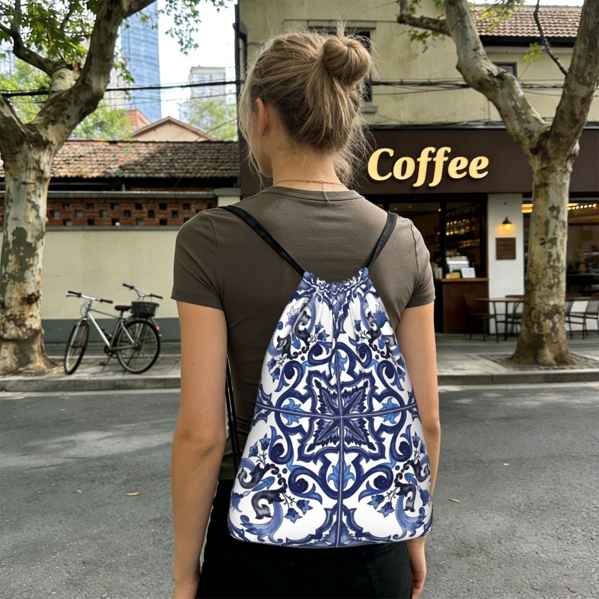 Tile Bag Drawstring - Blue Ornate Floral Mediterranean Sicilian Tile