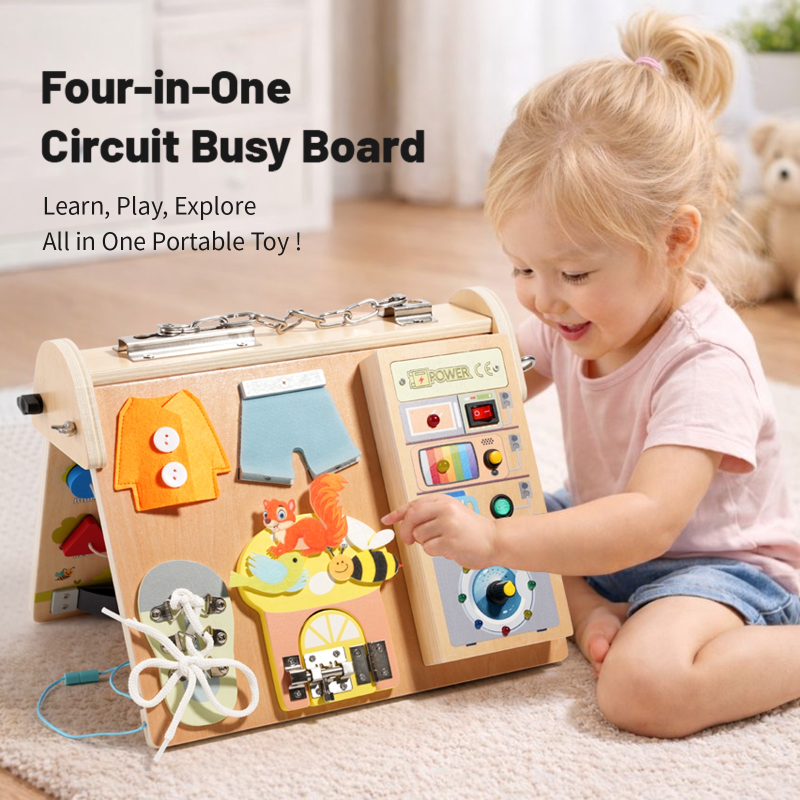 Board Game Education - Wooden 4-in-1 Busy Board with LED
