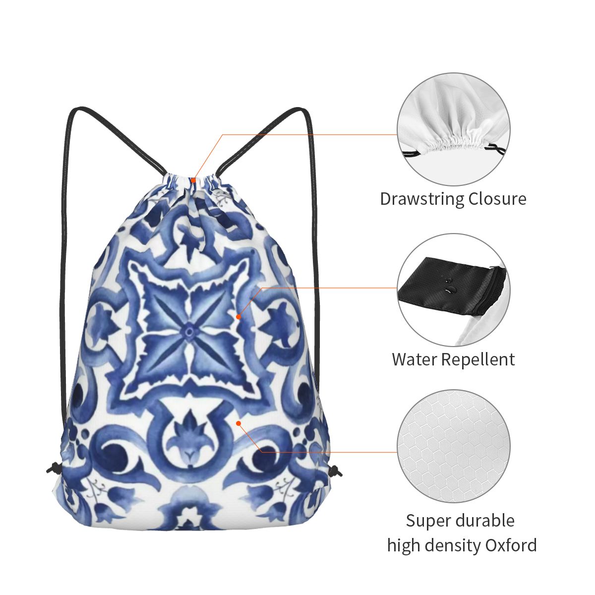Blue Ornate Floral Mediterrane - Tile Bag Drawstring บทวิจารณ์และราคา