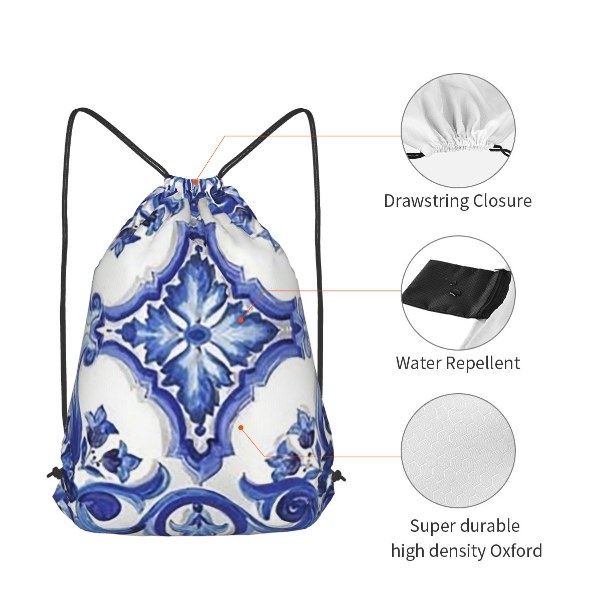 Blue Ornate Floral Mediterrane - Tile Bag Drawstring บทวิจารณ์และราคา