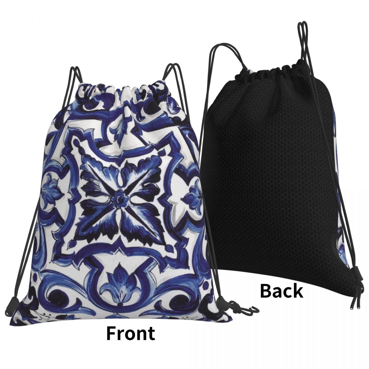Blue Ornate Floral Mediterrane - Tile Bag Drawstring บทวิจารณ์และราคา