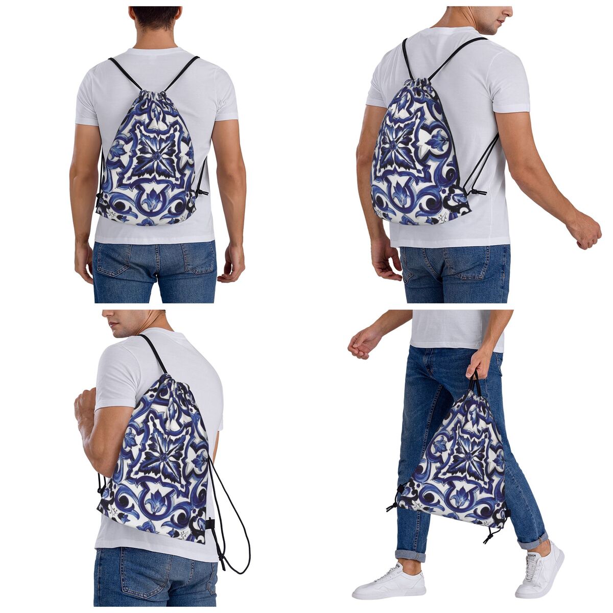Blue Ornate Floral Mediterrane - Tile Bag Drawstring บทวิจารณ์และราคา