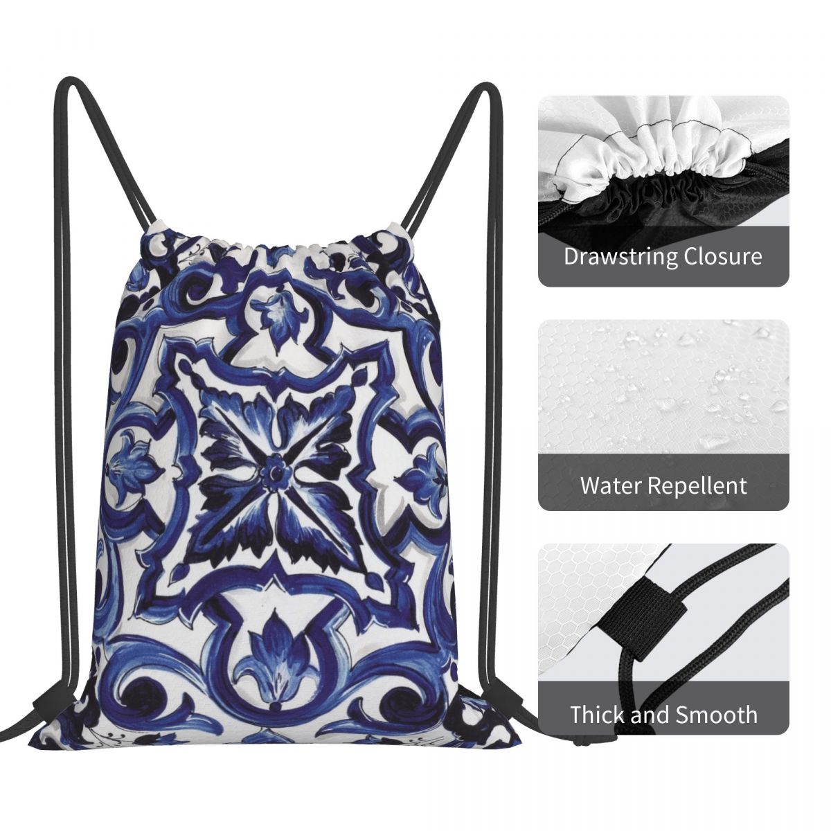 Blue Ornate Floral Mediterrane - Tile Bag Drawstring บทวิจารณ์และราคา