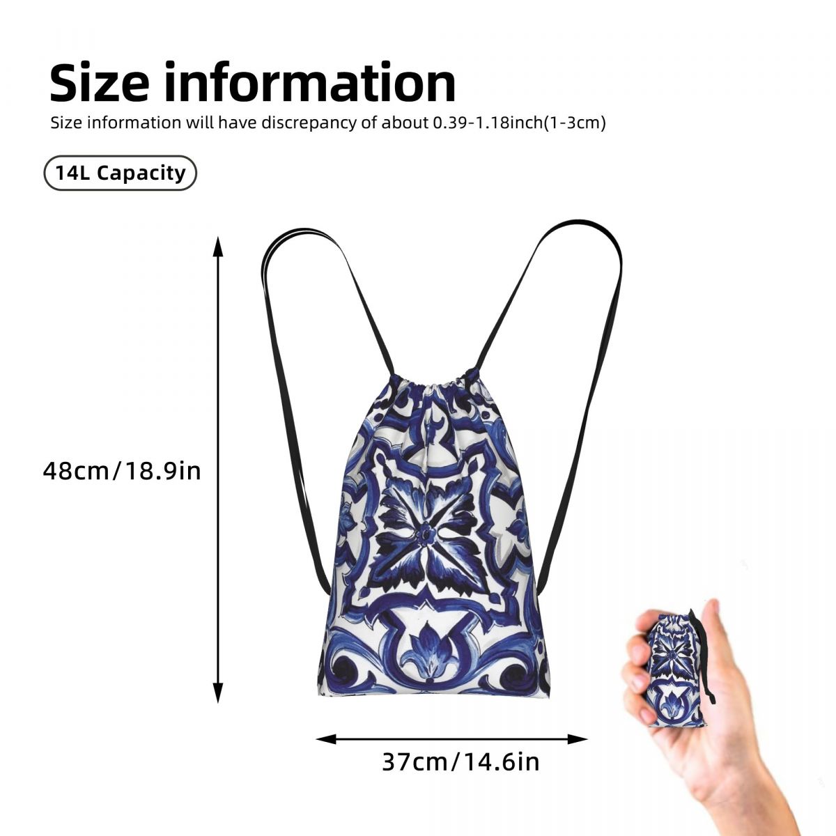 Blue Ornate Floral Mediterrane - Tile Bag Drawstring บทวิจารณ์และราคา