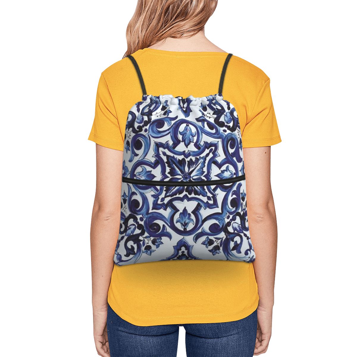 Blue Ornate Floral Mediterrane - Tile Bag Drawstring บทวิจารณ์และราคา