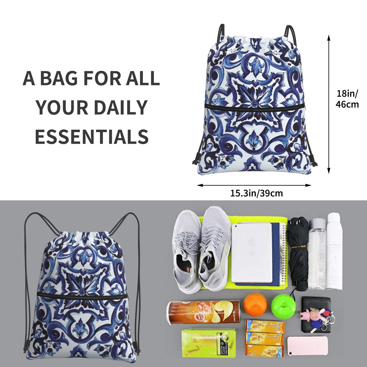 Blue Ornate Floral Mediterrane - Tile Bag Drawstring บทวิจารณ์และราคา