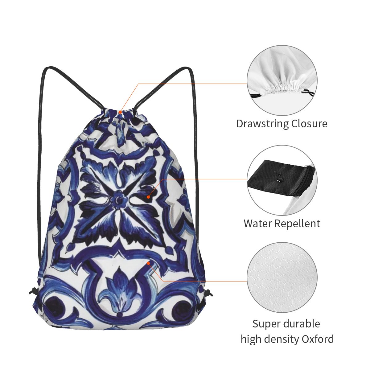 Blue Ornate Floral Mediterrane - Tile Bag Drawstring บทวิจารณ์และราคา