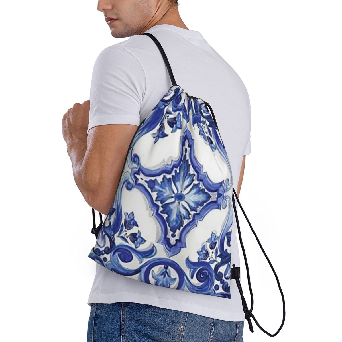 Blue Ornate Floral Mediterrane - Tile Bag Drawstring บทวิจารณ์และราคา