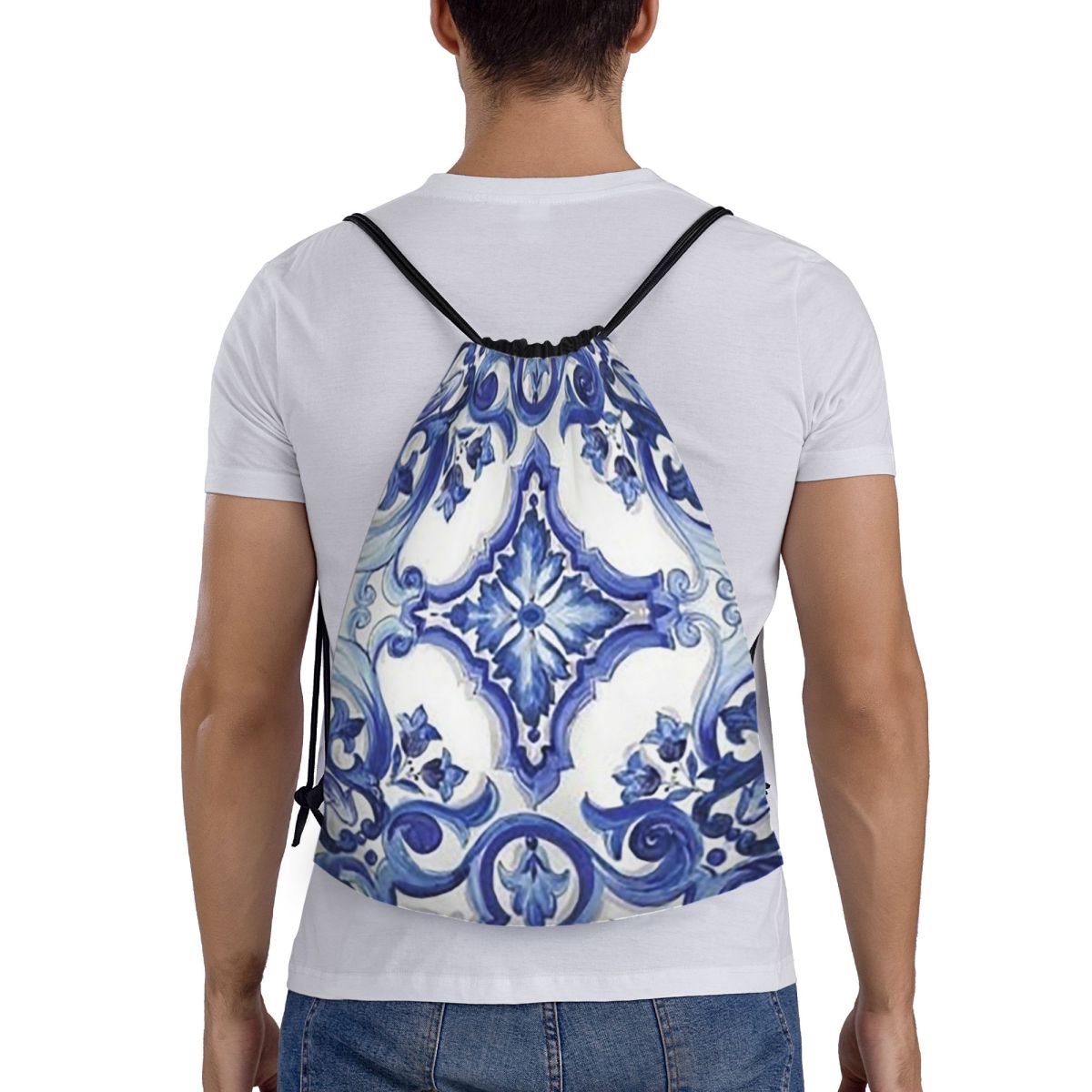 Blue Ornate Floral Mediterrane - Tile Bag Drawstring บทวิจารณ์และราคา