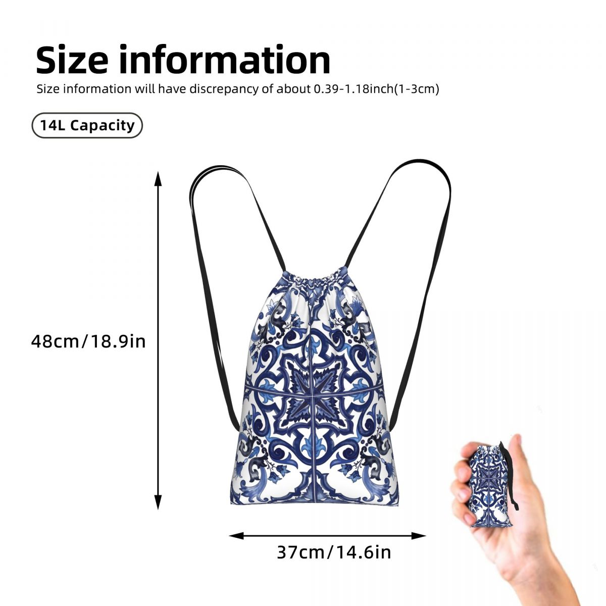 Blue Ornate Floral Mediterrane - Tile Bag Drawstring บทวิจารณ์และราคา