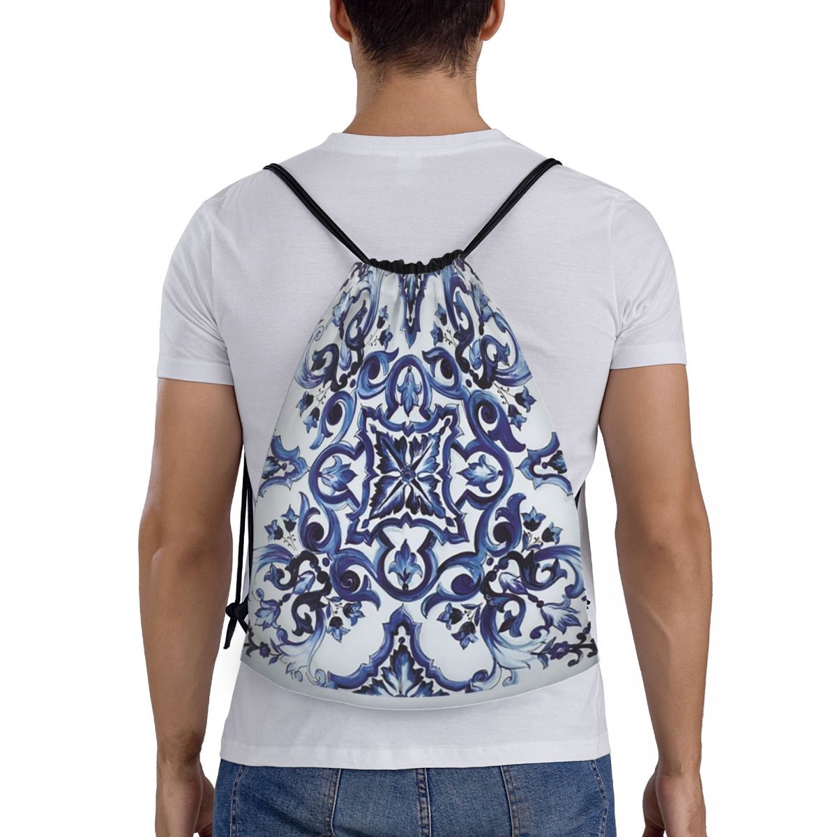 Blue Ornate Floral Mediterrane - Tile Bag Drawstring บทวิจารณ์และราคา