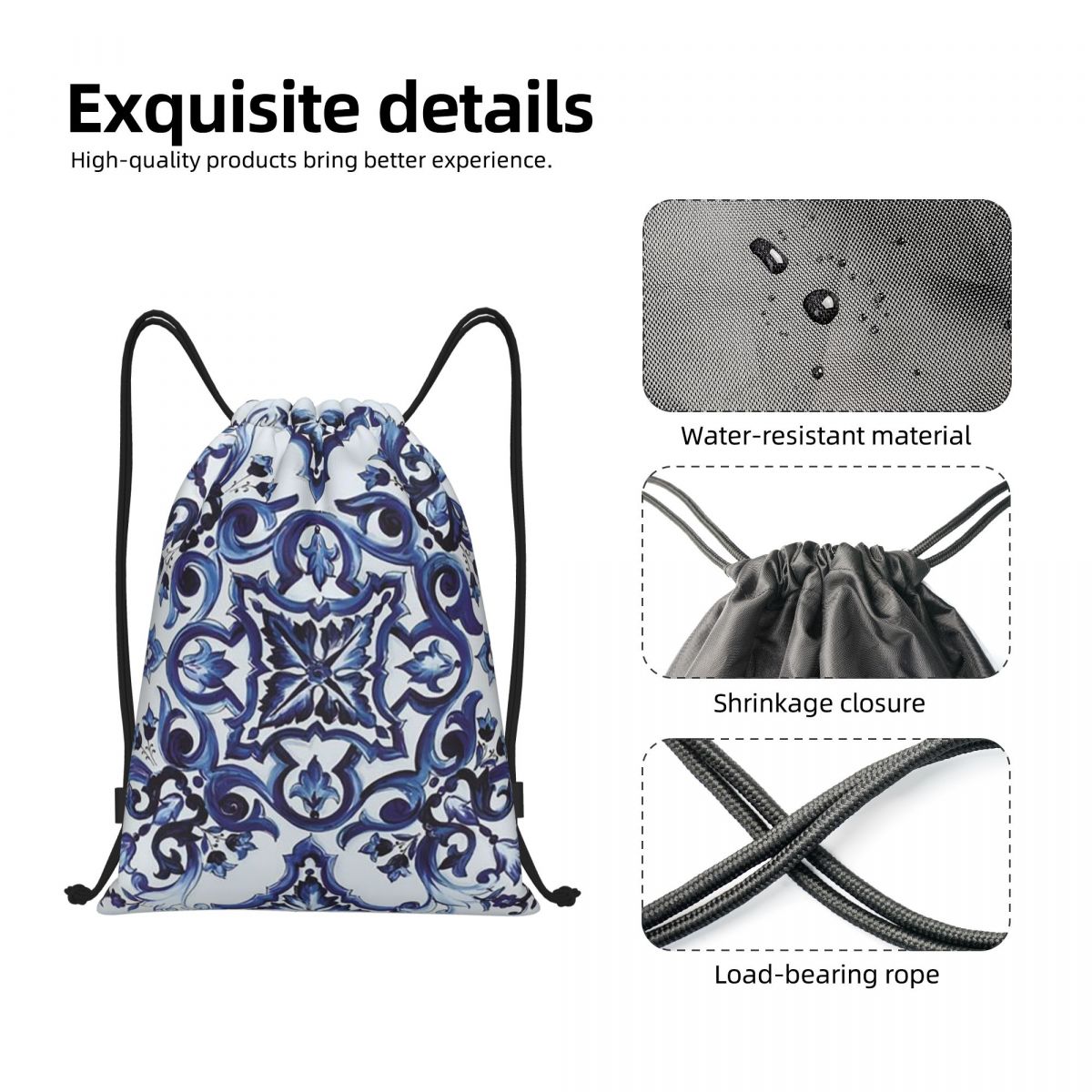 Blue Ornate Floral Mediterrane - Tile Bag Drawstring บทวิจารณ์และราคา