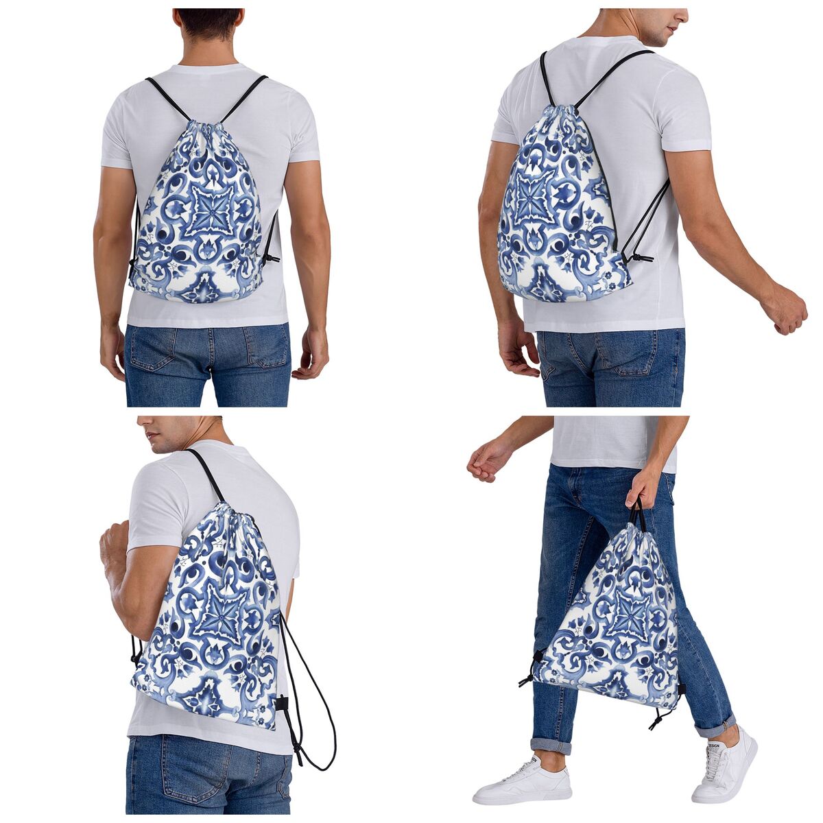Blue Ornate Floral Mediterrane - Tile Bag Drawstring บทวิจารณ์และราคา