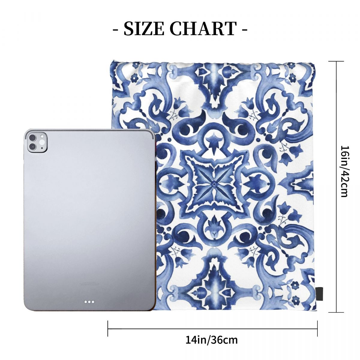 Blue Ornate Floral Mediterrane - Tile Bag Drawstring บทวิจารณ์และราคา