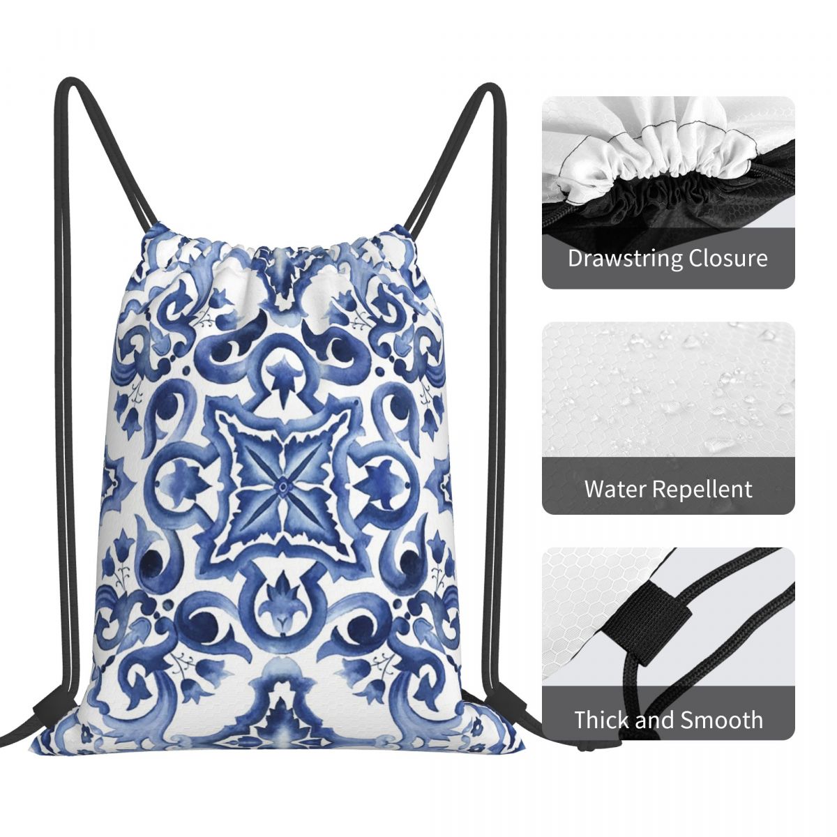 Blue Ornate Floral Mediterrane - Tile Bag Drawstring บทวิจารณ์และราคา