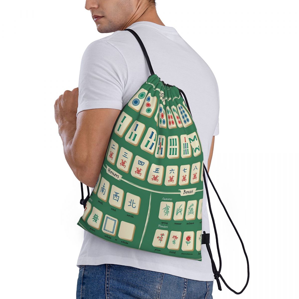 Mahjong Tile Pattern Backpacks - Tile Bag Drawstring บทวิจารณ์และราคา