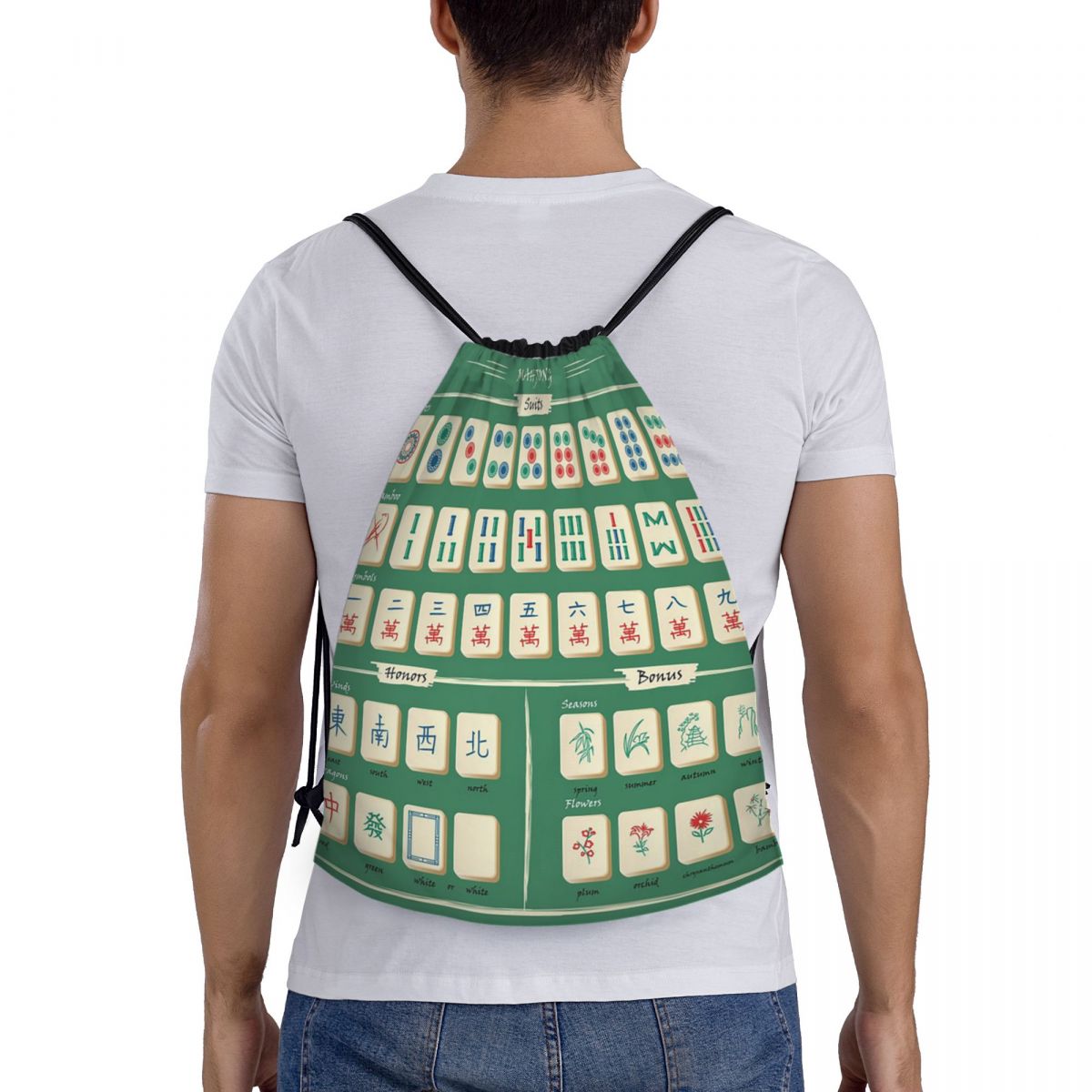 Mahjong Tile Pattern Backpacks - Tile Bag Drawstring บทวิจารณ์และราคา