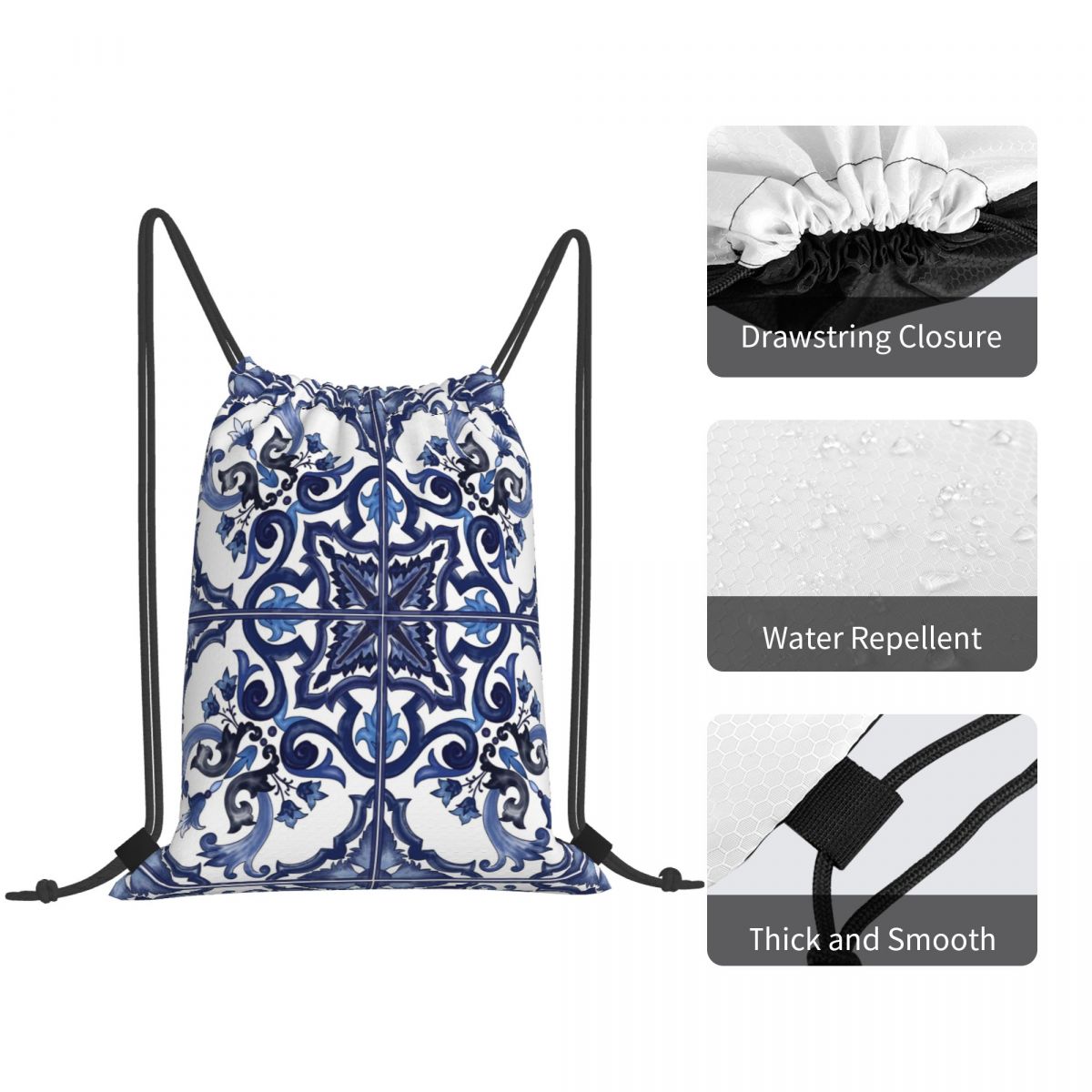 Blue Ornate Floral Mediterrane - Tile Bag Drawstring บทวิจารณ์และราคา