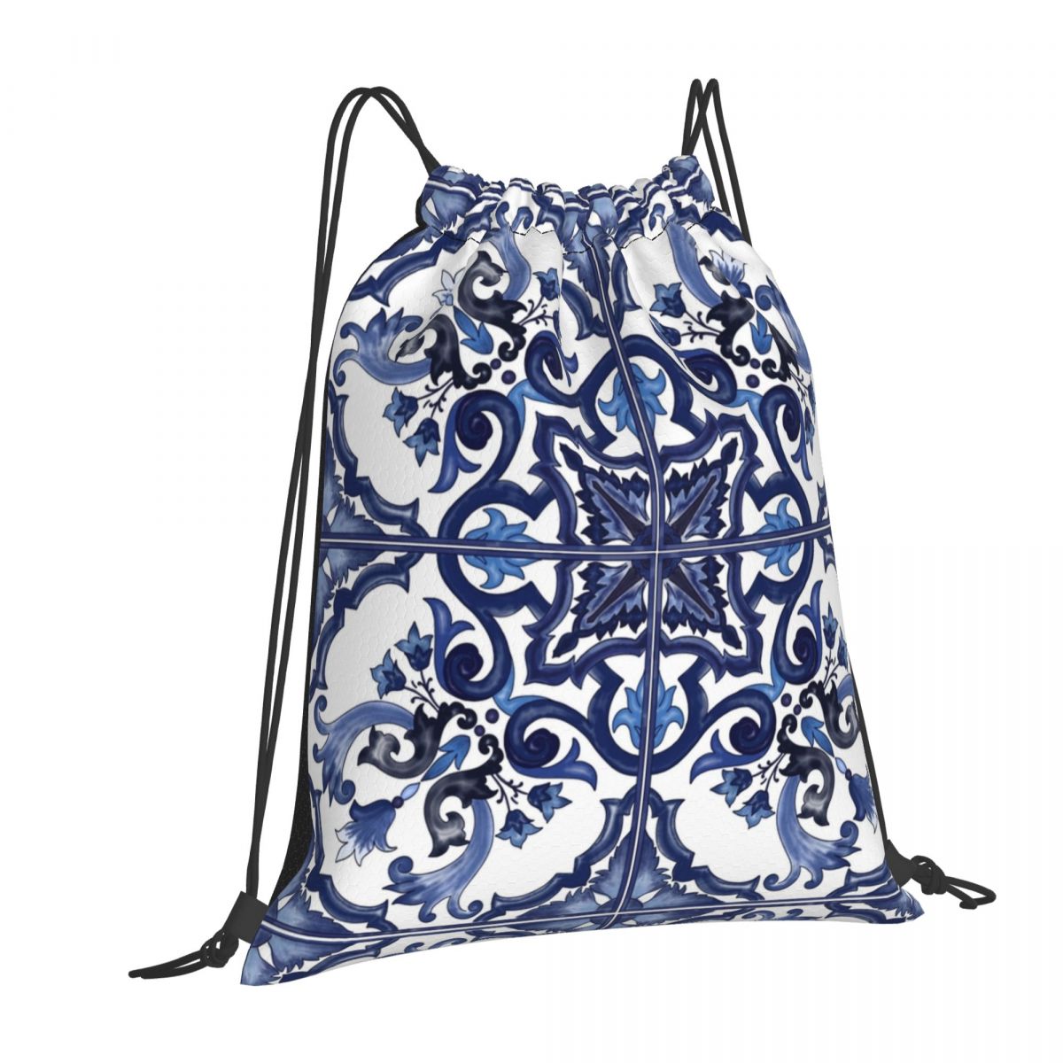 Blue Ornate Floral Mediterrane - Tile Bag Drawstring บทวิจารณ์และราคา