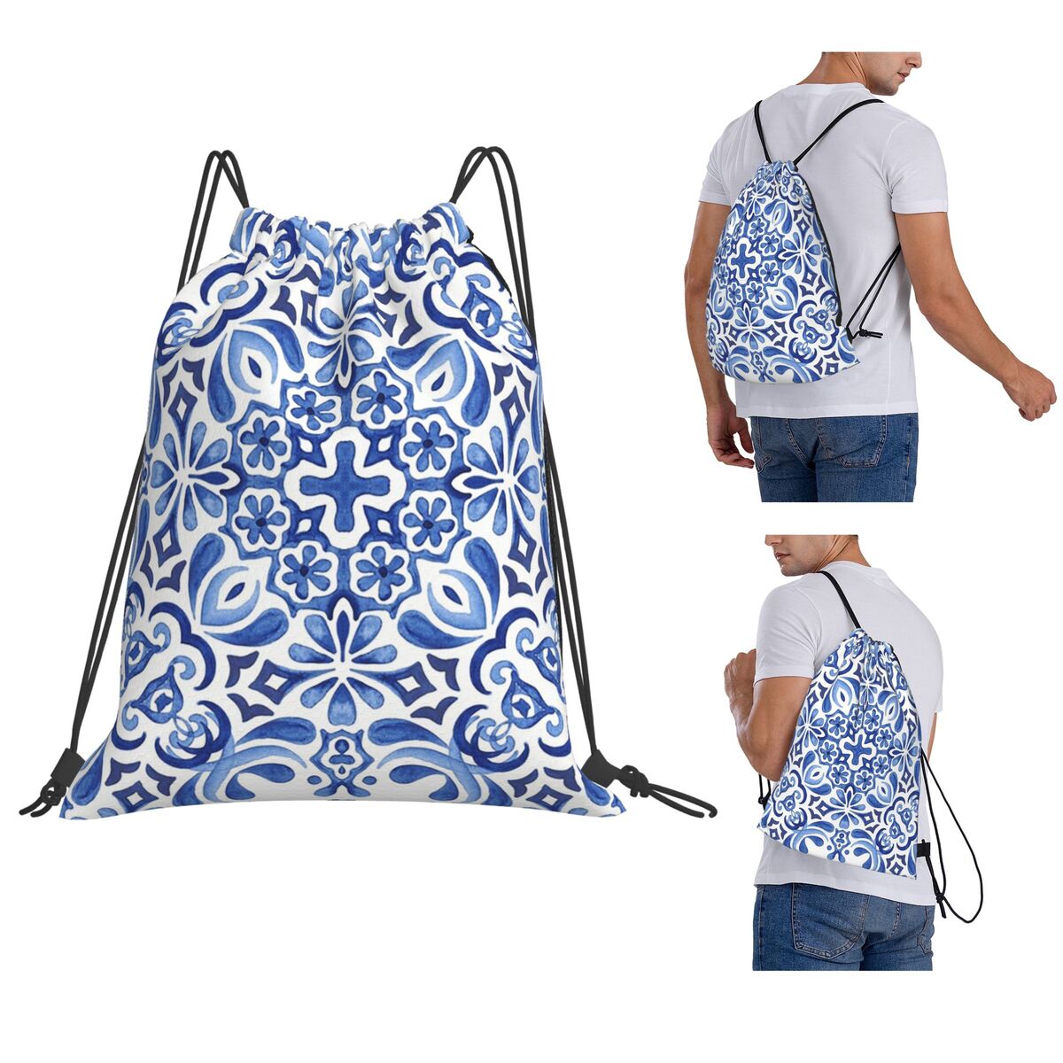 Mediterranean Mosaic Tiles Azu - Tile Bag Drawstring บทวิจารณ์และราคา