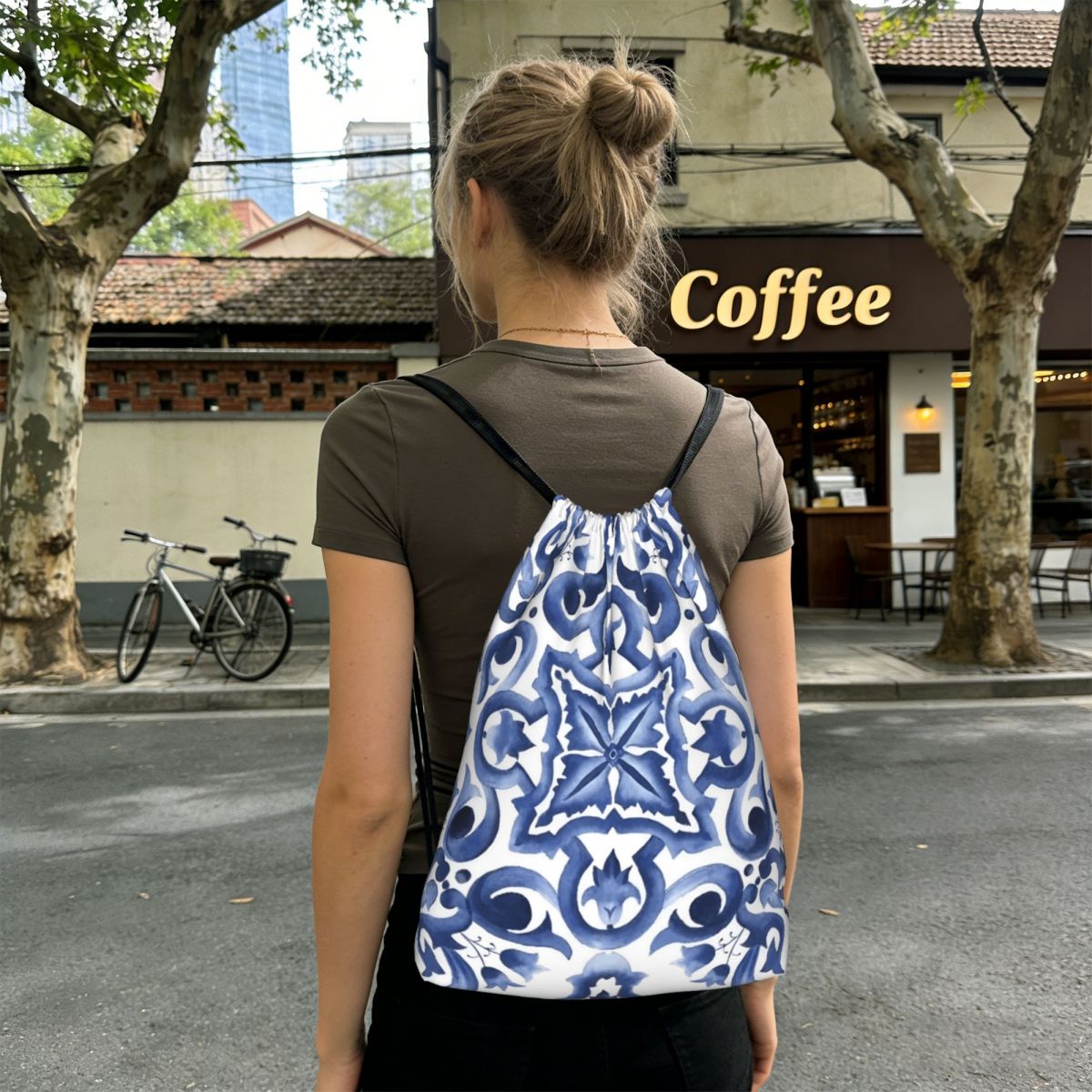 Blue Ornate Floral Mediterrane - Tile Bag Drawstring บทวิจารณ์และราคา