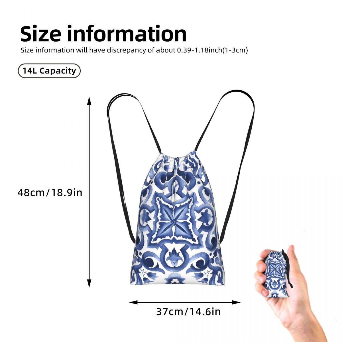 Blue Ornate Floral Mediterrane - Tile Bag Drawstring บทวิจารณ์และราคา